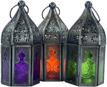Oriental metal/glass lantern in Moroccan design, lantern in 6 col..